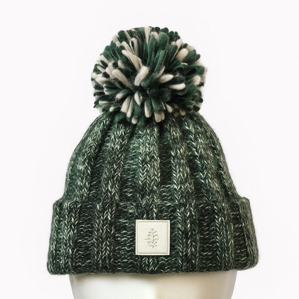 Free People Pom Party Reflective Beanie Green/White/Black Combo Knit Winter Hat